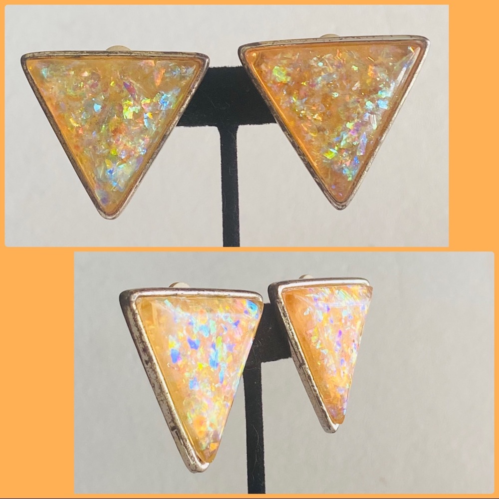 Oversized Triangle Iridescent Opal Clip On Earring - image 1